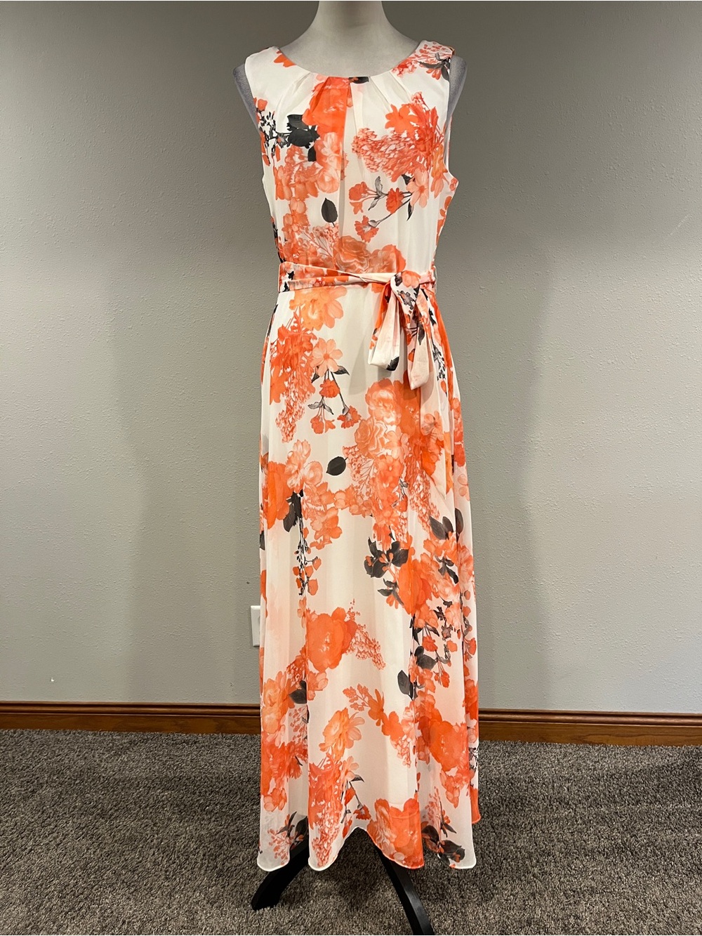 Chetta B Sleeveless Orange Floral sleeveless Maxi Dress with Tie Waist size 8